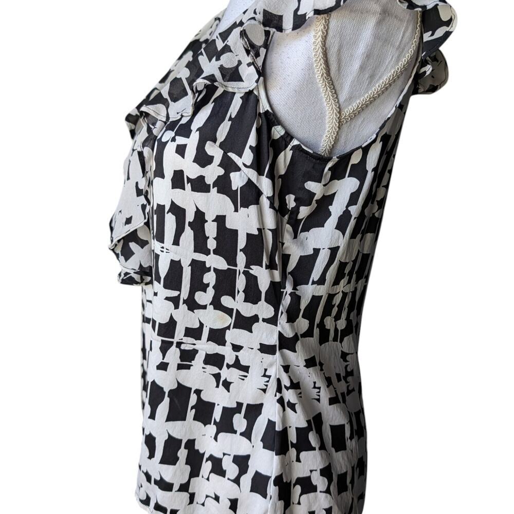 St John Silk Blend Black White Keyhole Back Blouse Top FLAWED Size 2 Ruffle - Picture 5 of 6